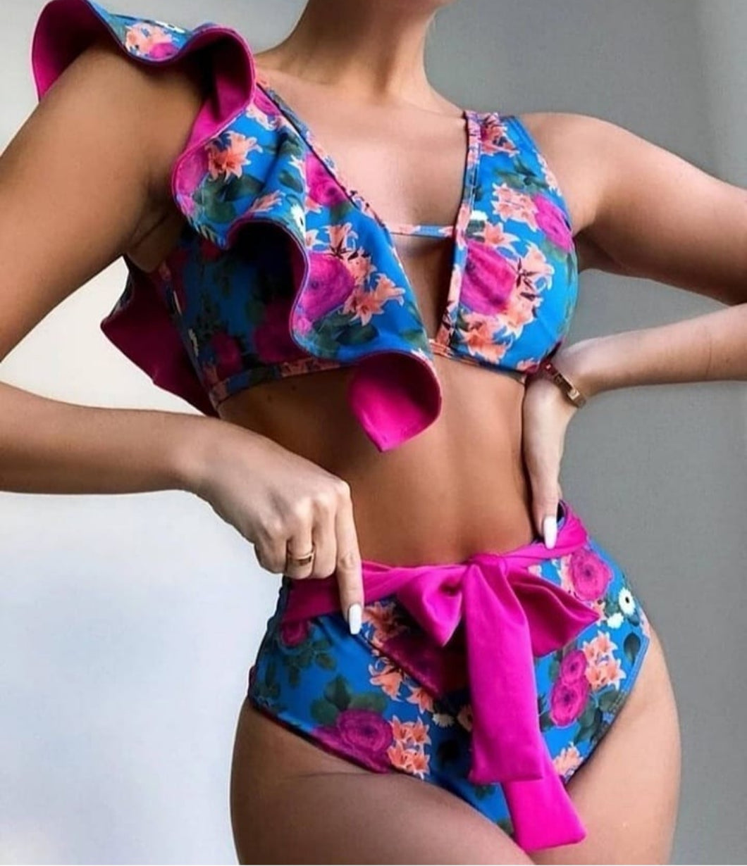 Floral Blue and Pink Two Piece Swimwear